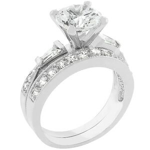 Round Baguette Pave Set Cz cubic zirconia diamond Engagement Wedding Ring Set